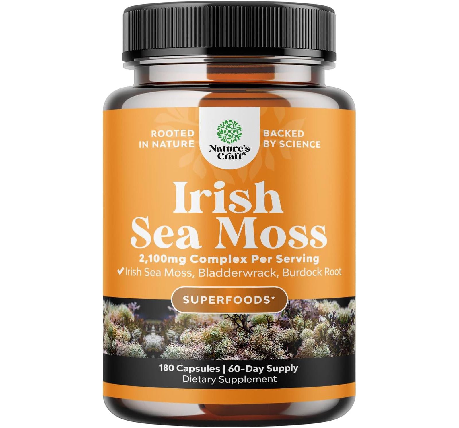 Nature's Craft капсулы Irish Sea Moss, суперфуд для поддержки иммунитета, сердца, фертильности, суставов и щитовидной железы, 180 шт