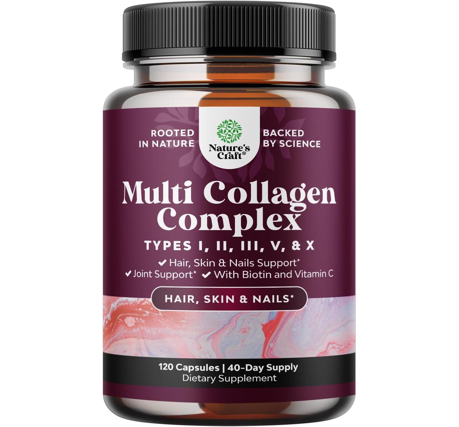 Комплекс капсул Multi Collagen, биотин и коллаген с BioPerine и витаминами для волос, кожи и ногтей, Nature's Craft, 120ct