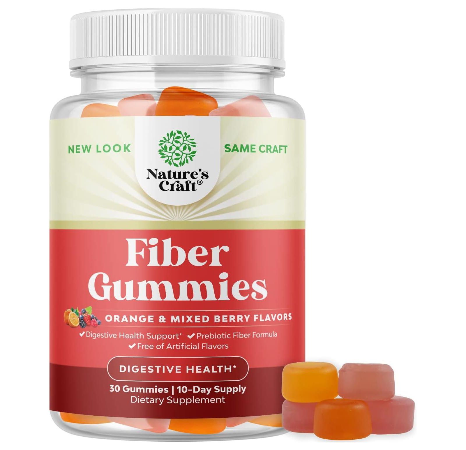 Prebiotic Fiber Gummies for Adults, Prebiotic Soluble Chicory Root, Immunity & Digestive Support, Orange & Mixed Berry Flavor, Nature's Craft, 30ct