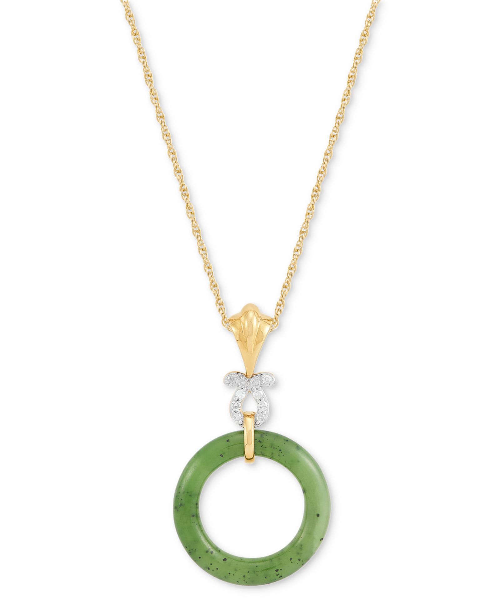 Подвеска-кулон Macy's Green Jade и Diamond в 14k Gold поверх Sterling Silver, 16" + 2" Extender