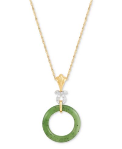 Подвеска-кулон Macy's Green Jade и Diamond в 14k Gold поверх Sterling Silver, 16" + 2" Extender