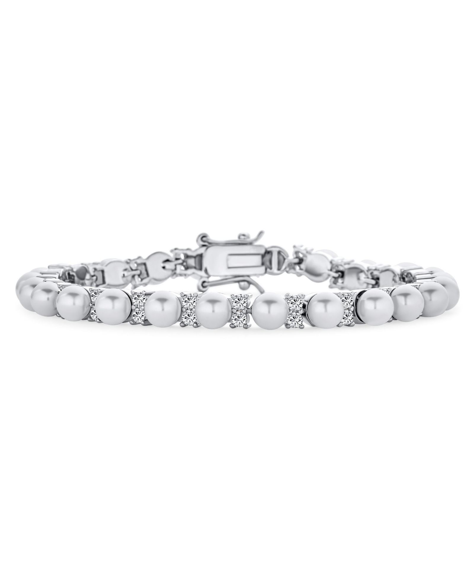 Bling Jewelry Серебряный браслет-теннис с акцентом из фианитов и искусственного жемчуга белого цвета, позолоченный, 7,25"
