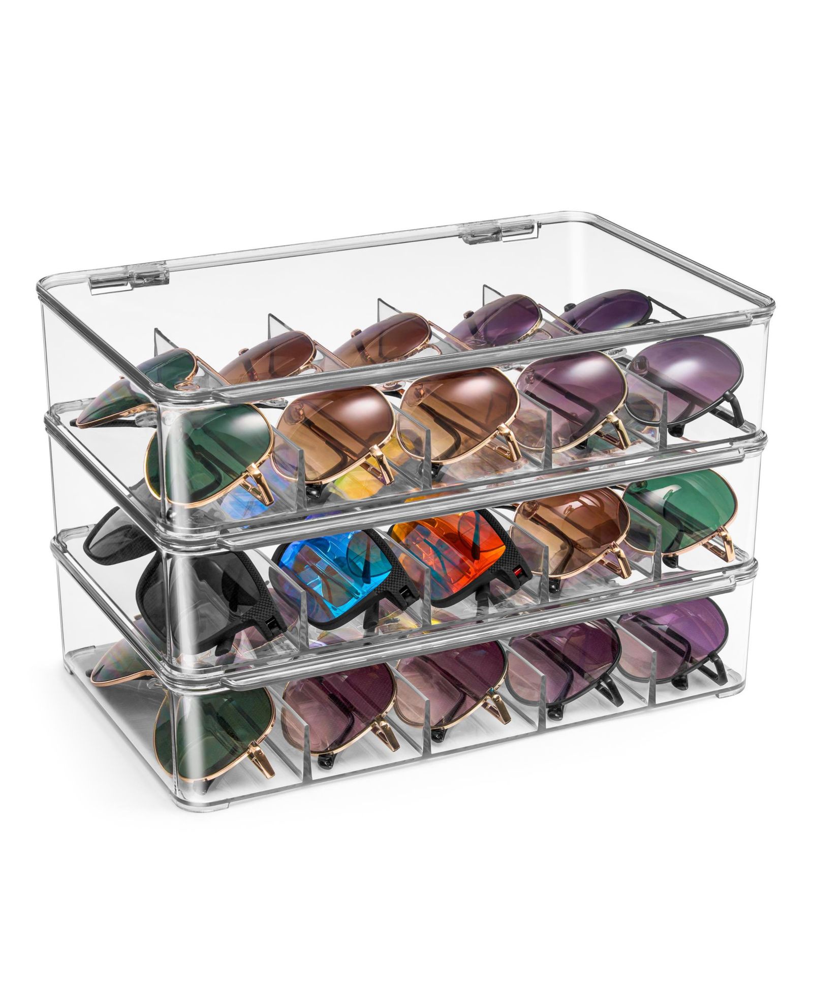 Sorbus 3 Pack Clear Stackable Plastic Sunglass Holder with Hinged Lid for Eyewear Display Includes 5 Sections