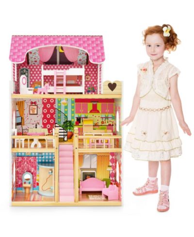 Gymax Wooden 2-Story 6-Room Dollhouse with 15 Furniture Accessories, Ages 3+