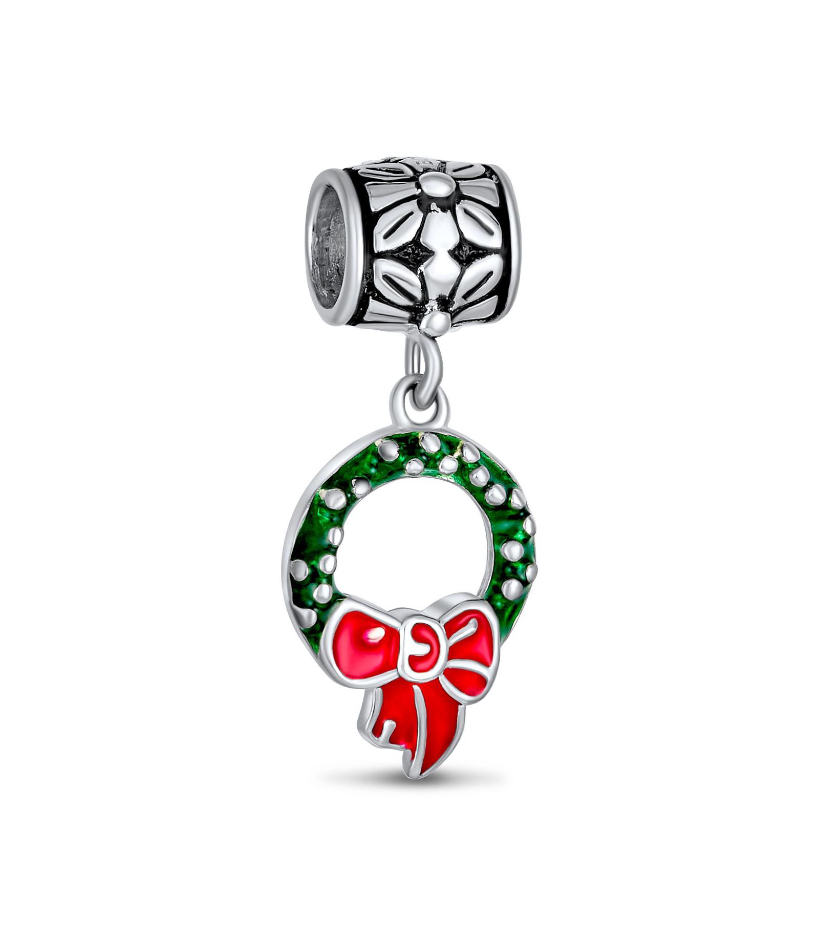 Bling Jewelry Green Bow Wreath Enamel Dangle Charm Bead for Bracelet .925 Sterling Silver