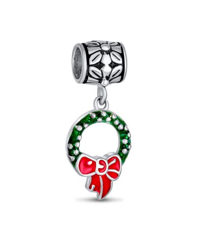 Bling Jewelry Green Bow Wreath Enamel Dangle Charm Bead for Bracelet .925 Sterling Silver