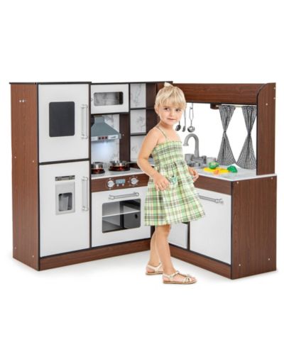 Gymax Wooden Corner Play Kitchen with Lights & Sounds, 40"L x 35"W x 38"H, Ages 3+