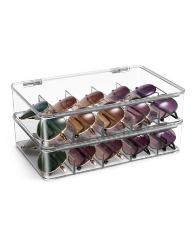Sorbus 2 Pack Clear Stackable Plastic Sunglass Holder with Hinged Lid for Eyewear Display Includes 5 Sections