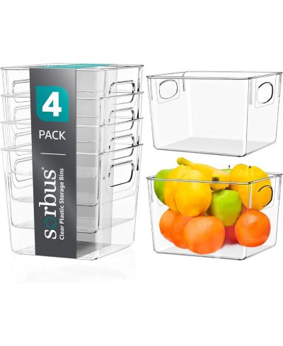 Sorbus 4-Pack Medium Clear Storage Bins with Handles - Organize fridge & pantry essentials! Stackable, portable, clear view for easy access