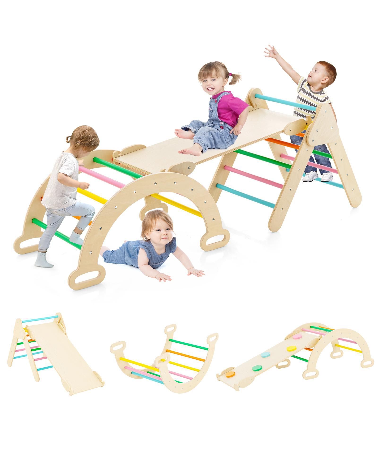 Gouun Montessori 2-in-1 Wooden Kids Climber with Triangle, Arch and Ramp