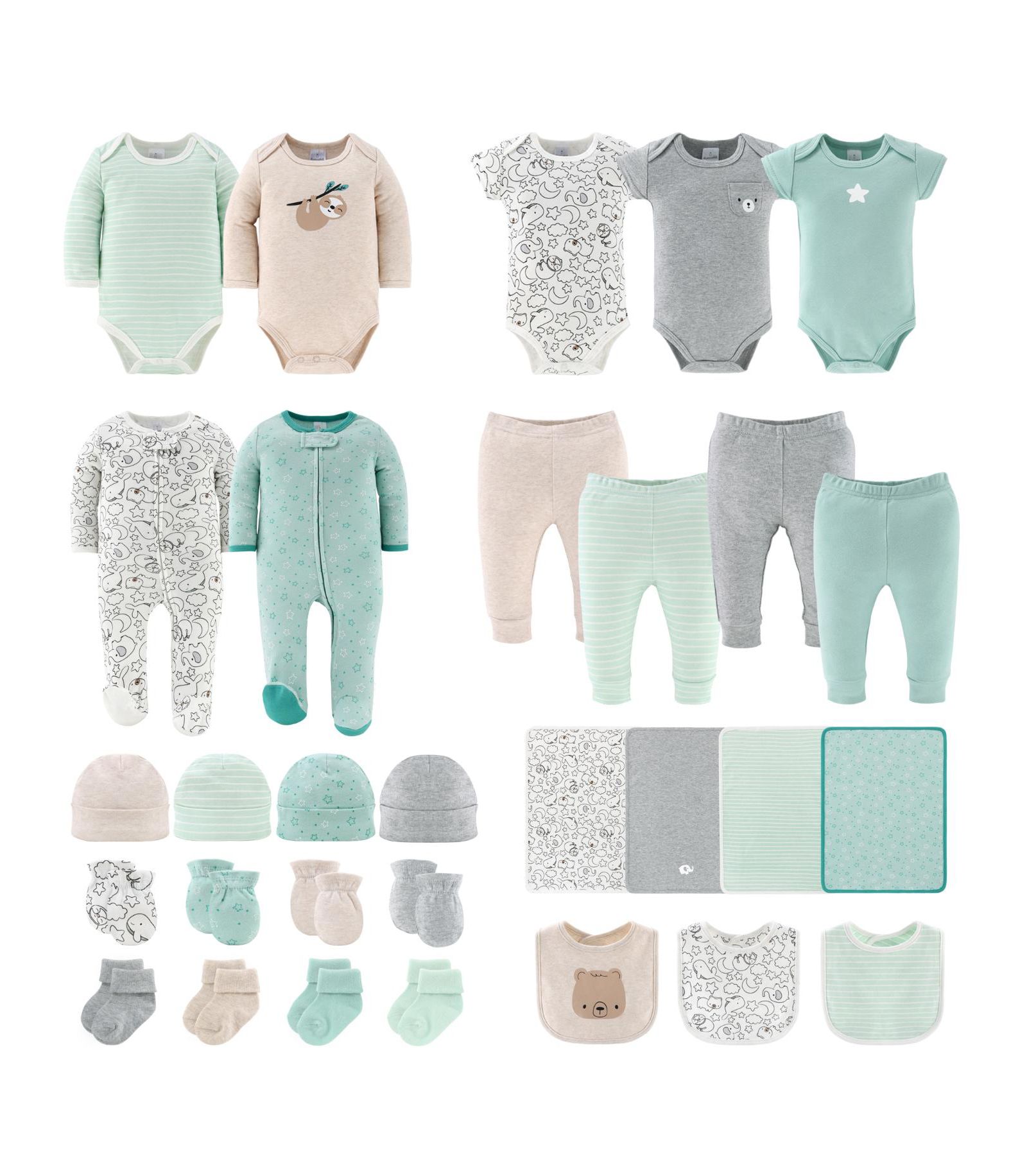 The Peanutshell Baby Boys Restful Basics Newborn Layette Set Girls, 30-Pieces, Green/Grey