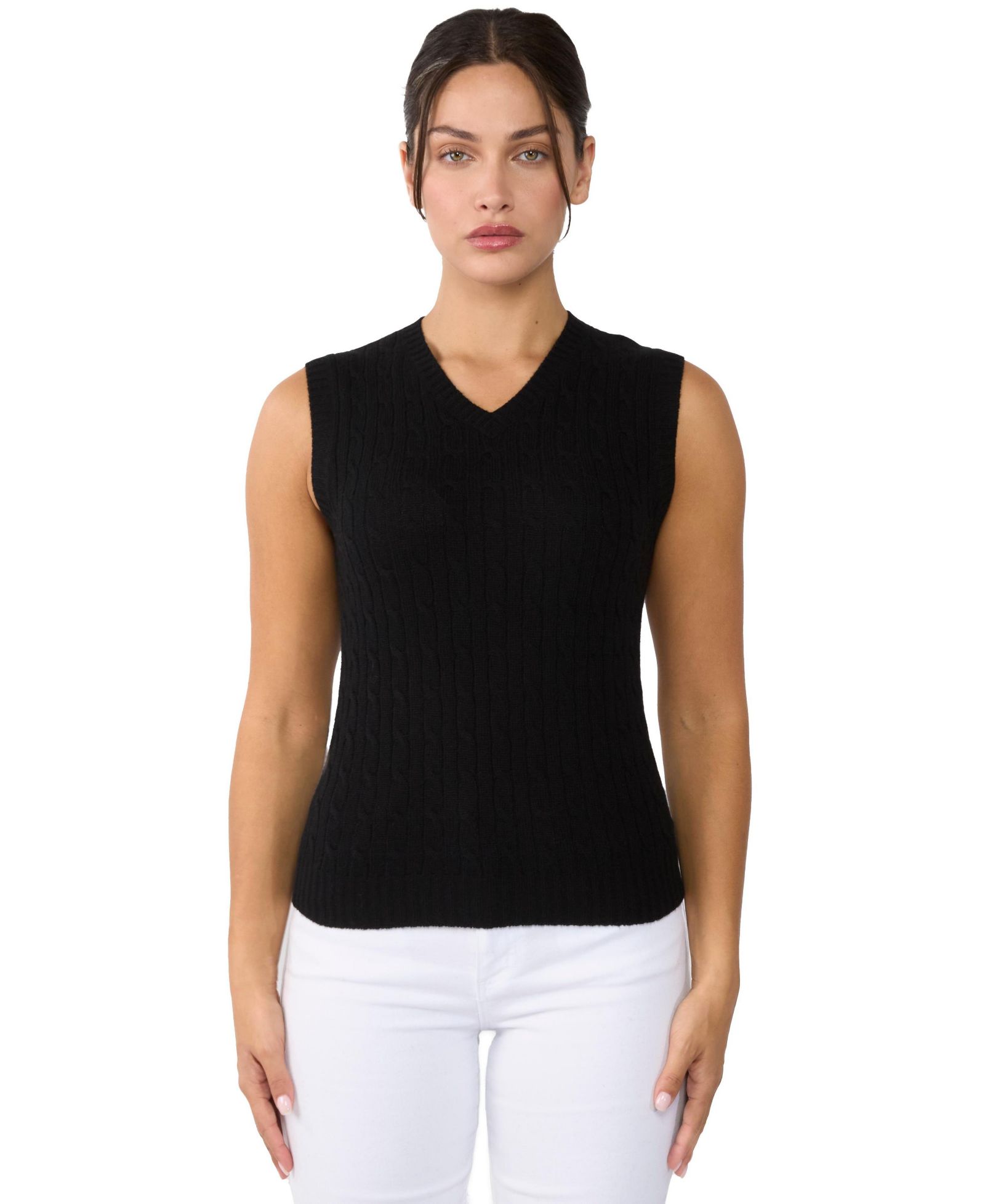 JENNIE LIU Women's 100% Cashmere V Neck Cable-knit Sweater Vest