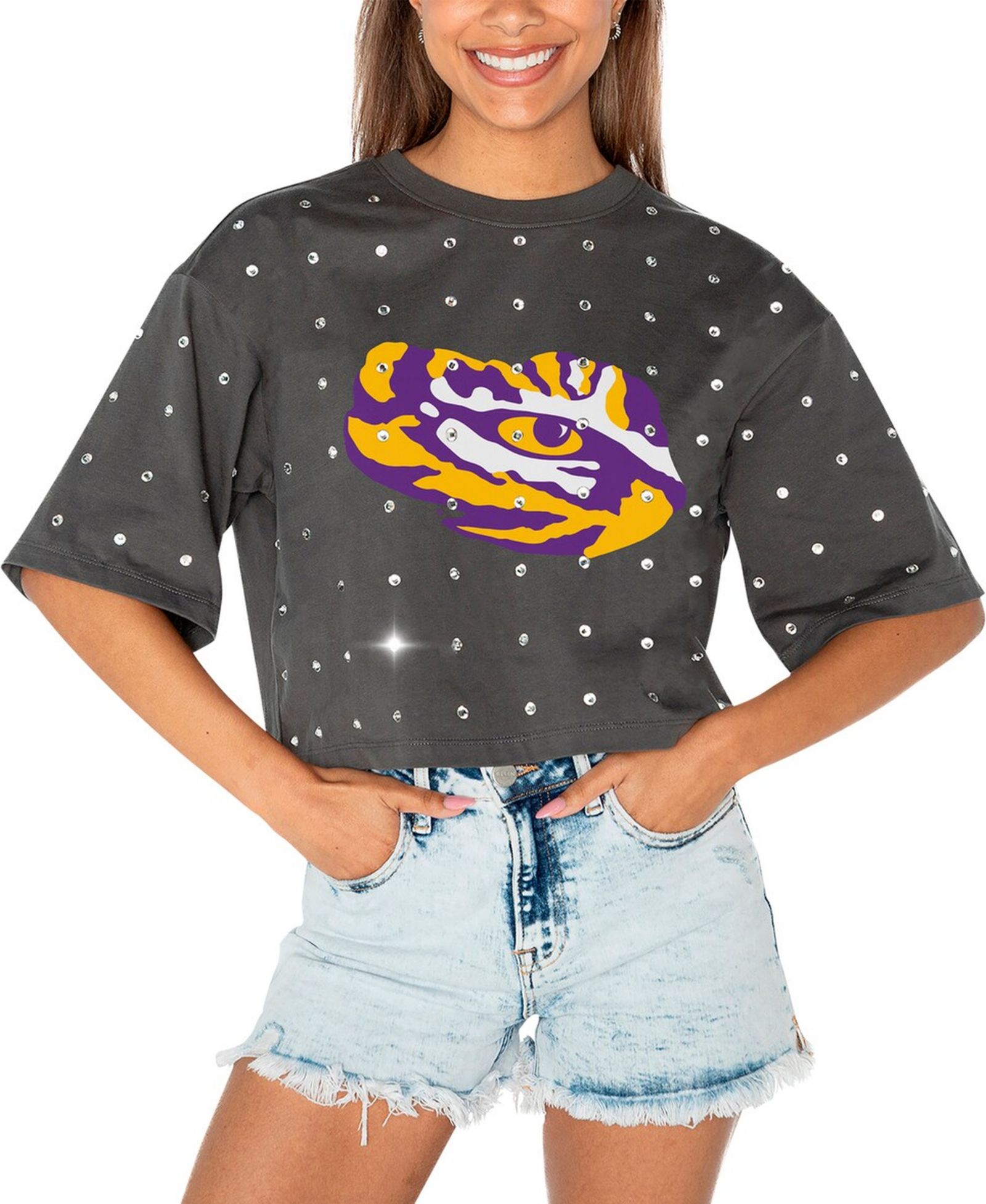 Женская укороченная футболка Gameday Couture Gray LSU Tigers Go Time с кристаллами