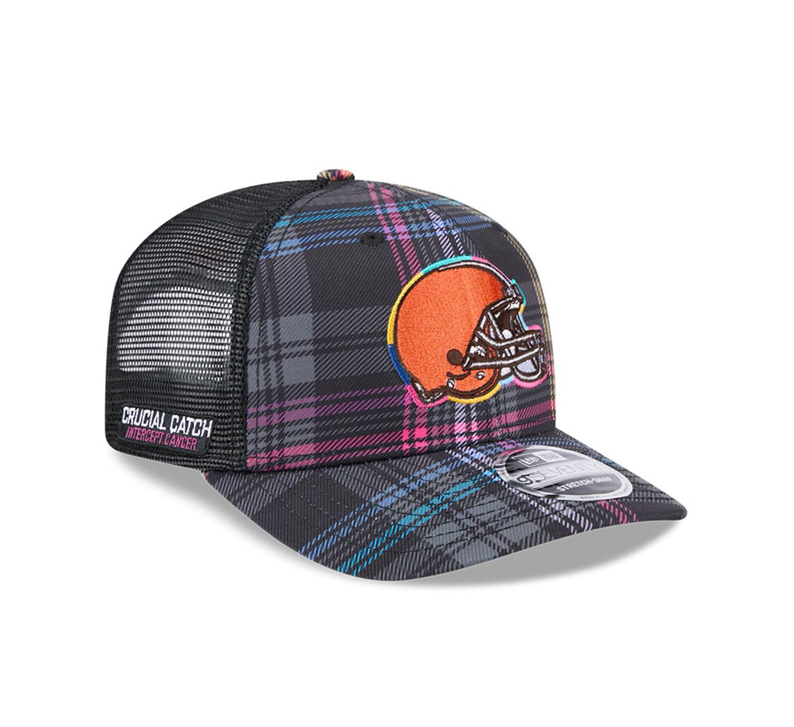 New Era Men's Black Cleveland Browns 2024 NFL Crucial Catch Plaid 9SEVENTY Trucker Snapback Hat