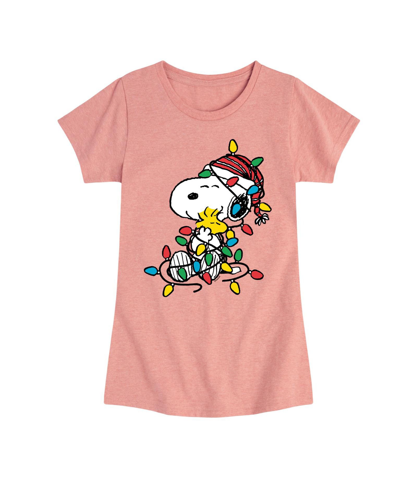 Peanuts Big Girls Snoopy Christmas Lights Graphic Short Sleeve Tee