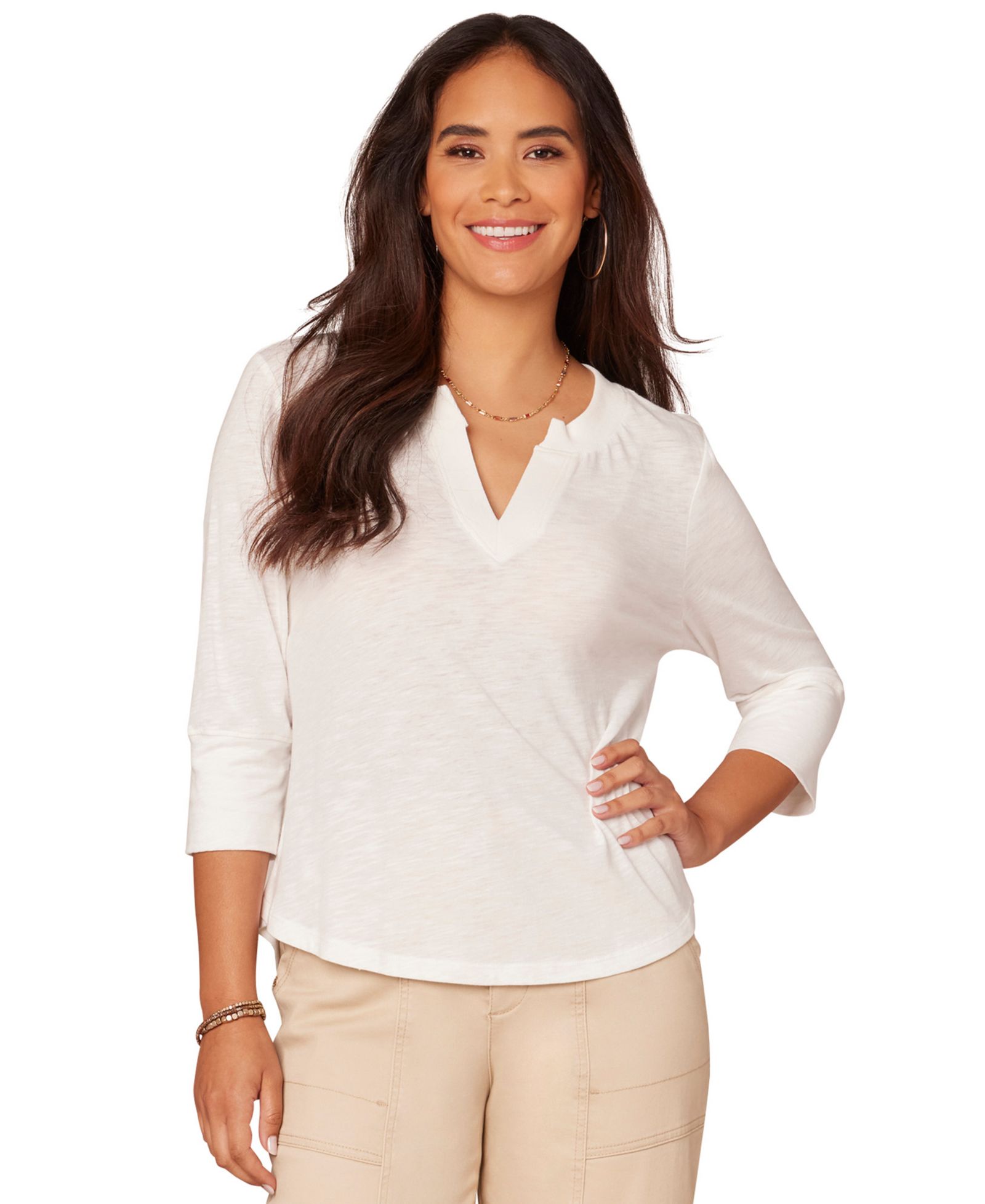 Democracy Petite 3/4-Sleeve Split Neckline Knit Top