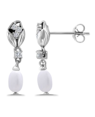 Серьги-гвоздики Macy Oval Freshwater Cultured Pearl Drop Cubic Zirconia Tulip Design