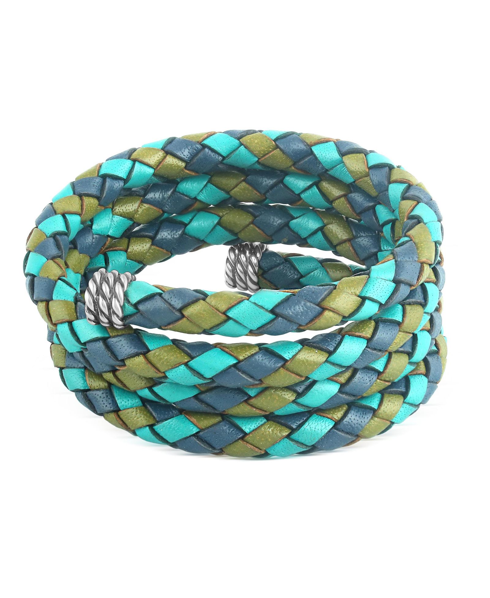 Браслет American West Jewelry Sterling Silver Multi-Color Braided Blue, Turquoise and Lime Leather Coil Wrap Bracelet, 34 Inches