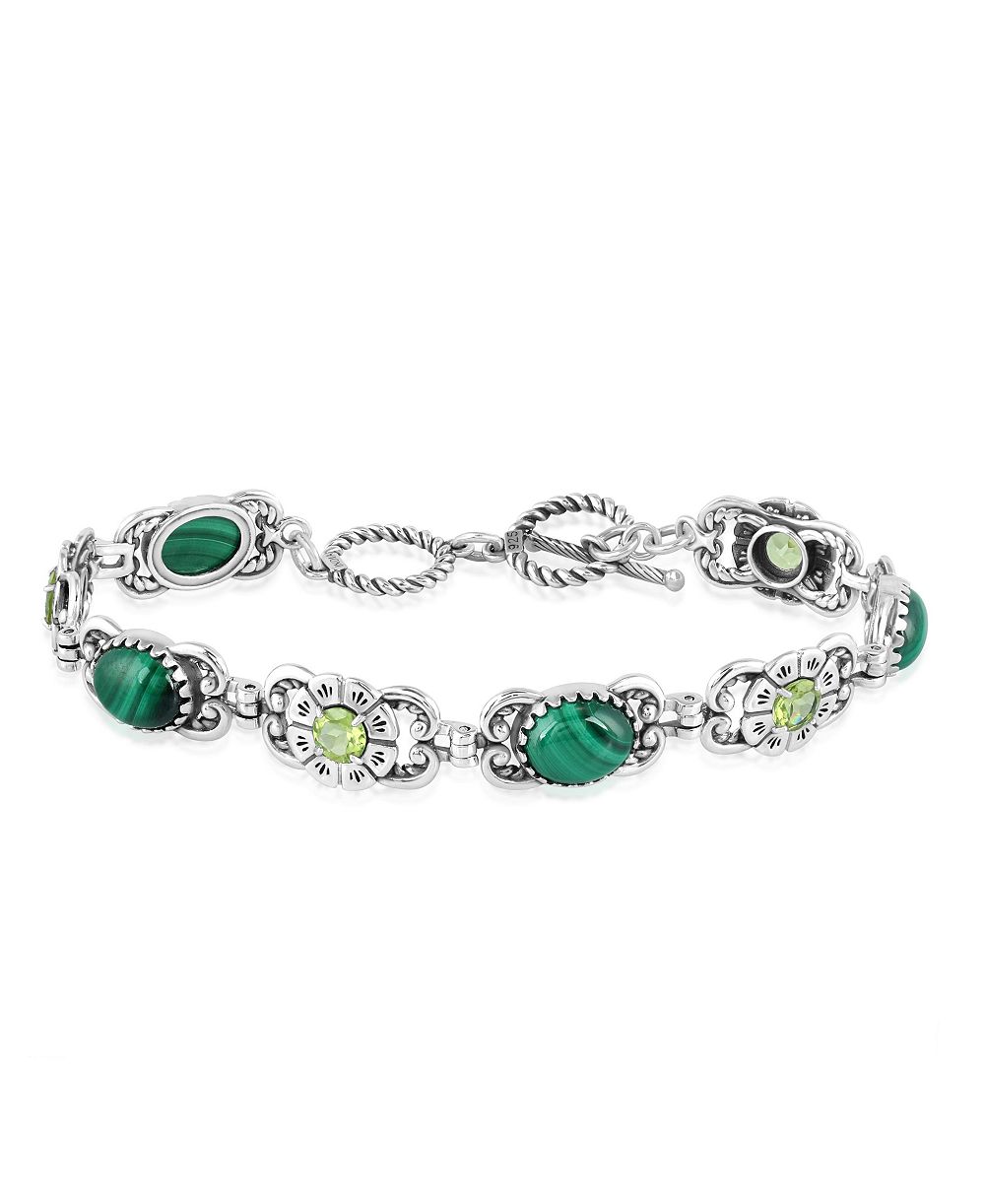 American West Jewelry Sterling Silver Malachite Peridot Concha Link Bracelet, Size Large
