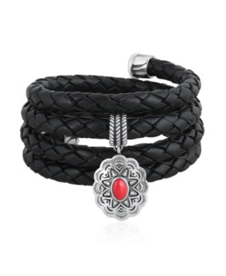 American West Jewelry Sterling Silver Red Coral Concha Braided Leather Wrap Bracelet, One Size Fits Most