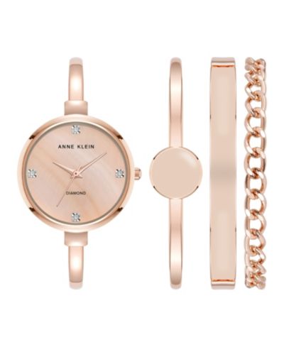 Anne Klein Women's Quartz Pink Enamel and Rose Gold-Tone Metal Alloy Bangle Watch Set, 32mm