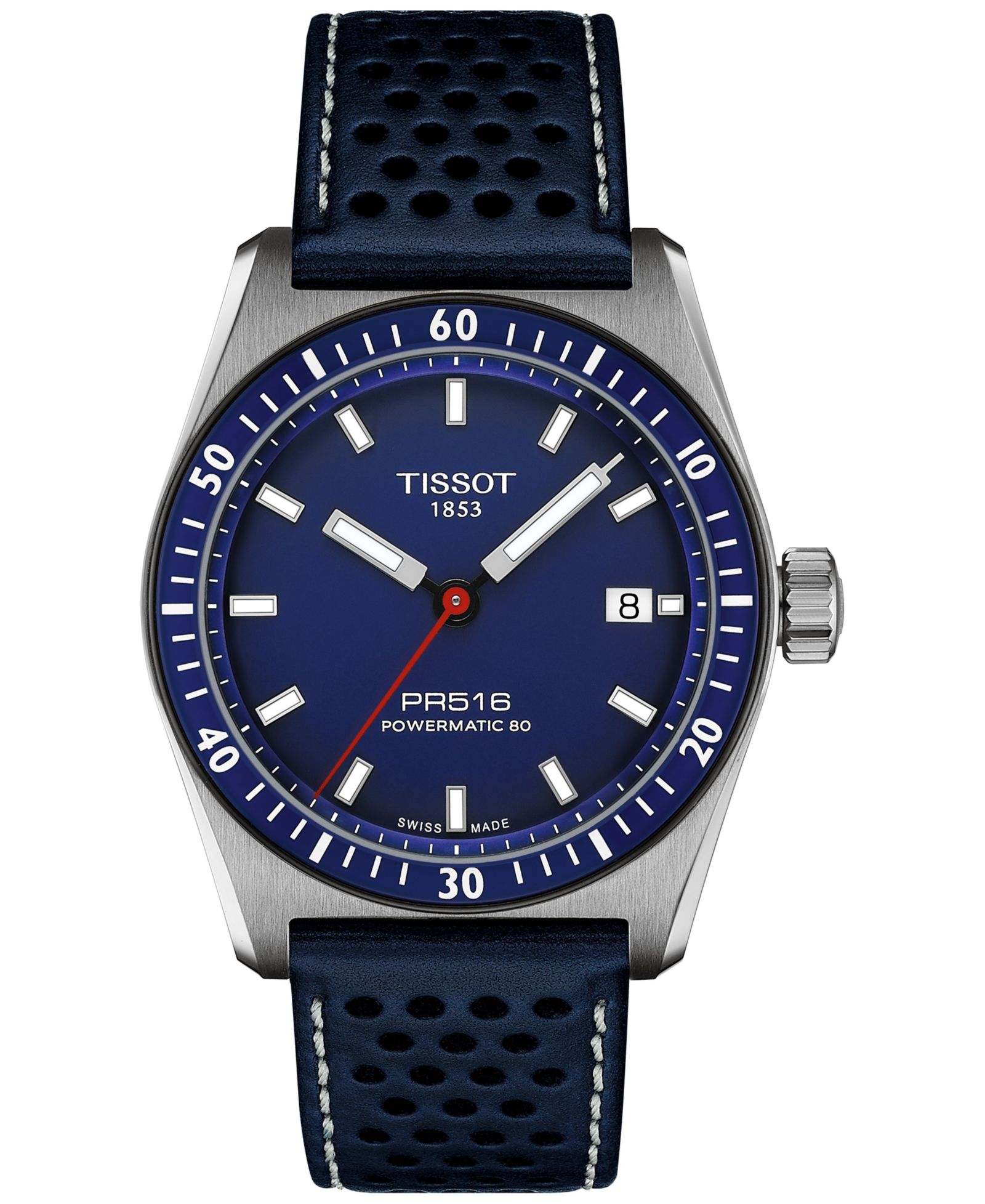 Мужские часы Tissot Swiss Automatic PR516 Powermatic 80 Blue Leather Strap 38mm