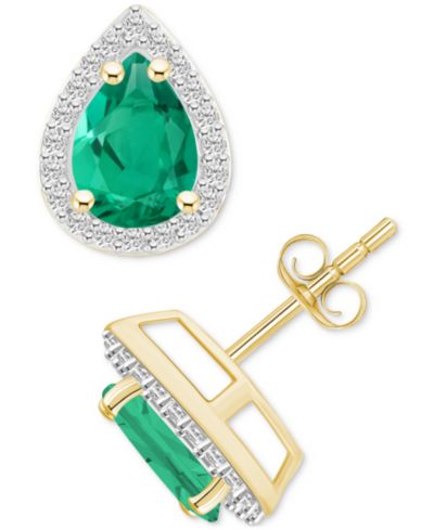 Серьги-гвоздики с выращенным изумрудом (1-1/3 ct. t.w.) и выращенным белым сапфиром в золоте 10k