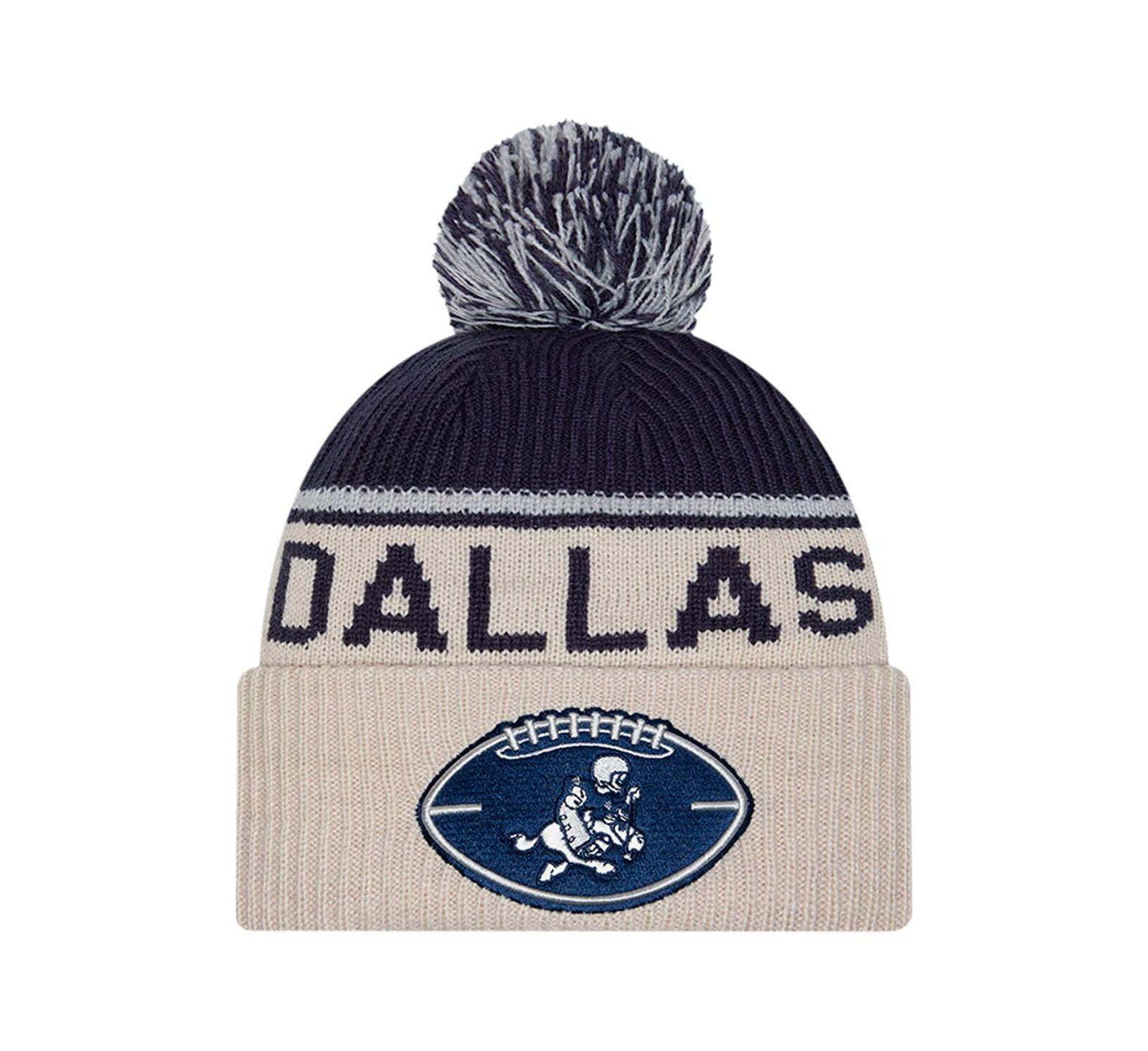 New Era Men's Stone/Navy Dallas Cowboys NFL Sideline Historic Cuffed Knit Hat with Pom