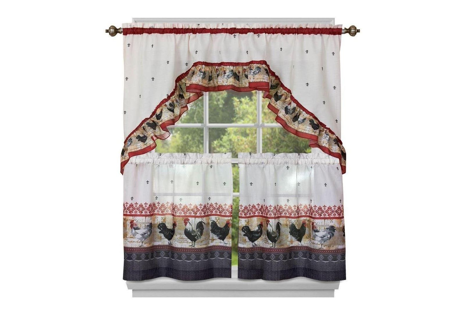 Kate Aurora Old Country Rooster Cottage Kitchen Curtain Tier and Swag Set