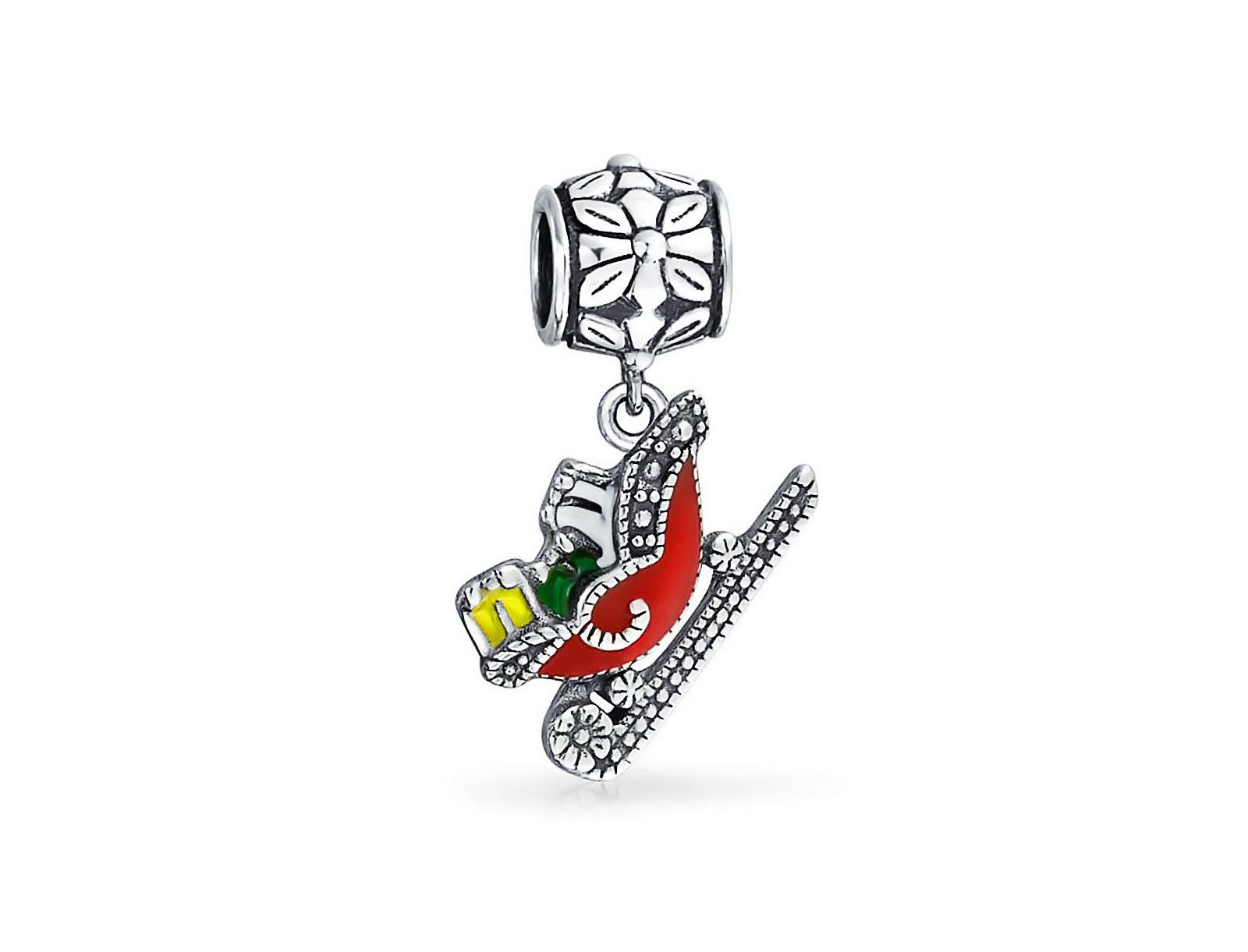 Bling Jewelry Christmas Sleigh Enamel Dangle Charm Bead for Bracelet .925 Sterling Silver