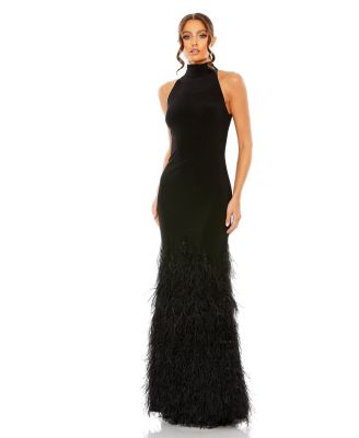 Mac Duggal Women's Jersey Halter Gown with Feather Tiered Detail