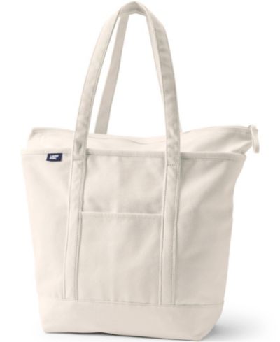 Lands' End Large 5 Pocket Zip Top Long Handle Canvas Tote Bag