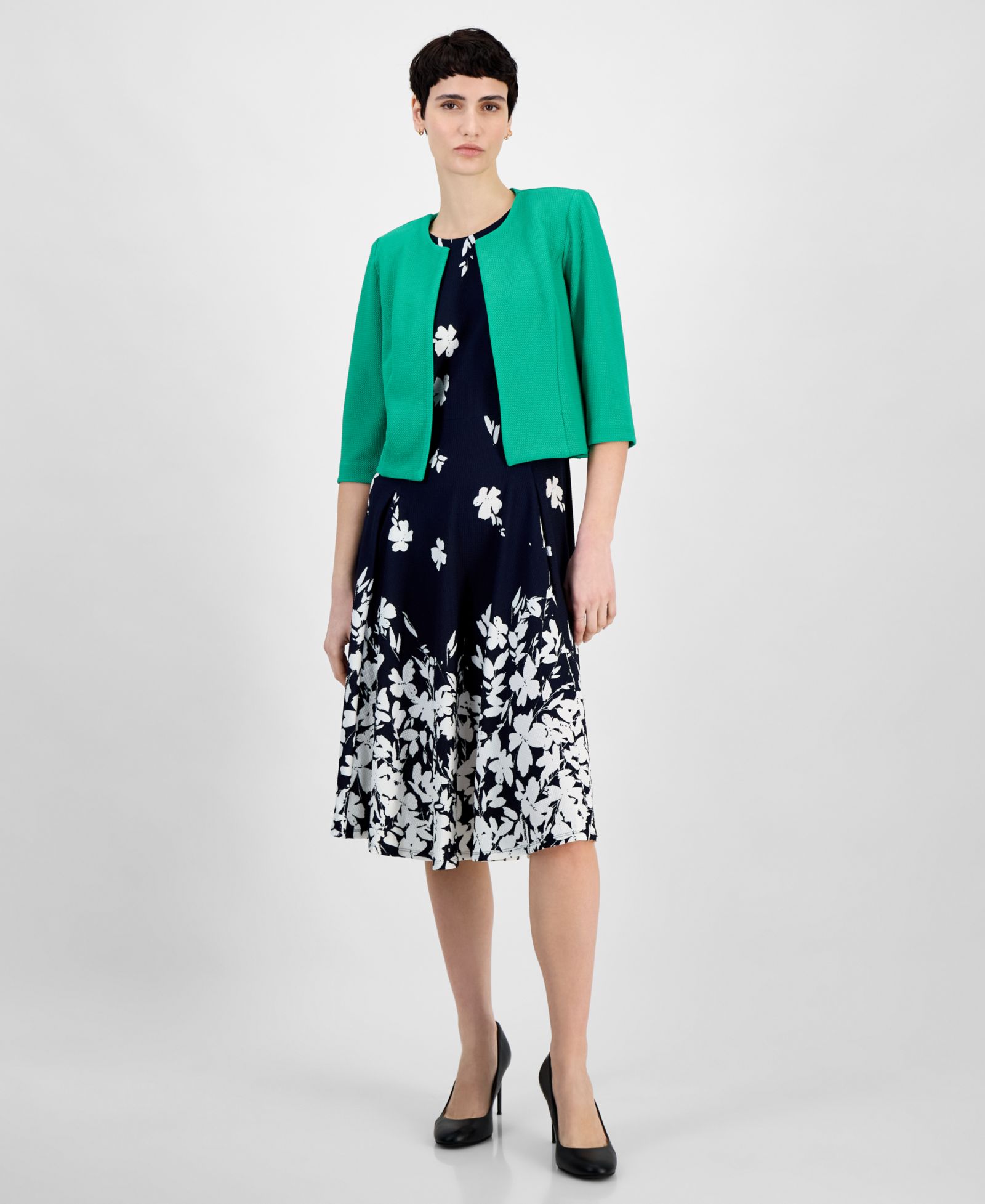 Платье-жакет Sandra Darren Petite Textured Cascading Florals с цветочным принтом, комплект из 2 предметов