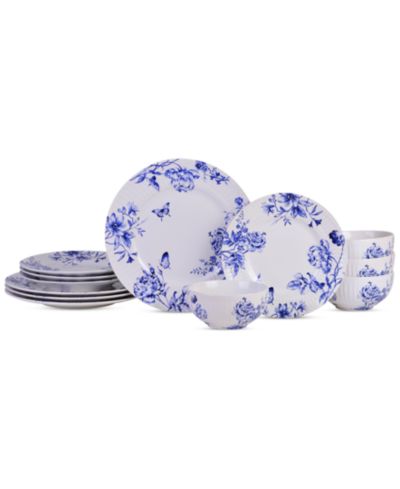 222 Fifth Cassian Embossed Toile Blue 12 Pc. Dinnerware Set, Service for 4