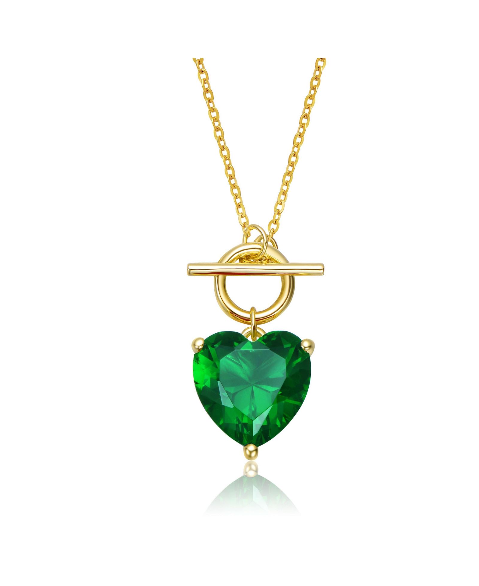 Genevive Dainty 14K Gold Plated Heart CZ Pendant Toggle Clasp Necklace