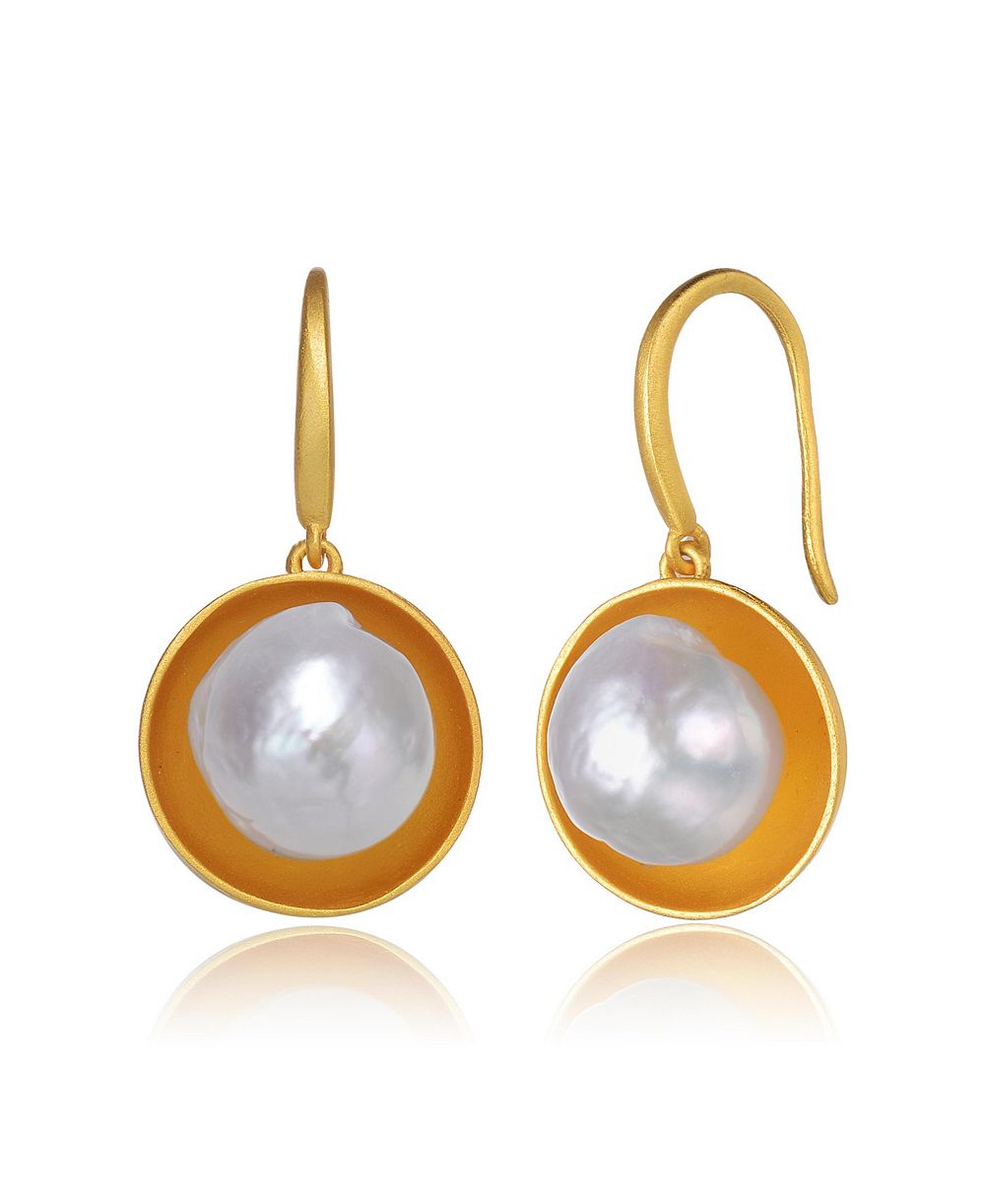 Genevive Unique Sterling Silver 14K Gold Plated Disc Pearl Hook Earrings