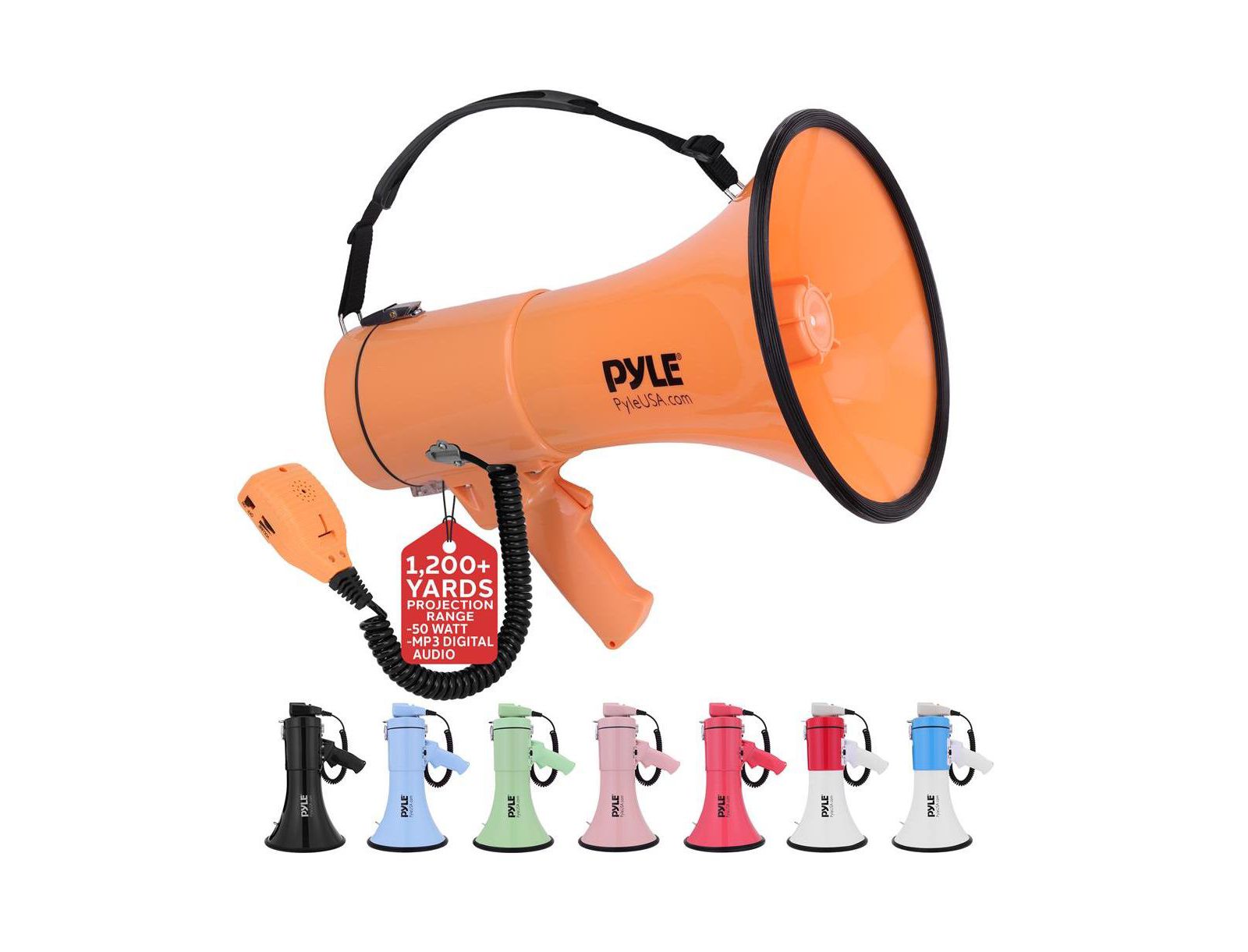 Портативный мегафон Pyle 50-Watt с сиреной, MP3 Input и плечевым ремнем