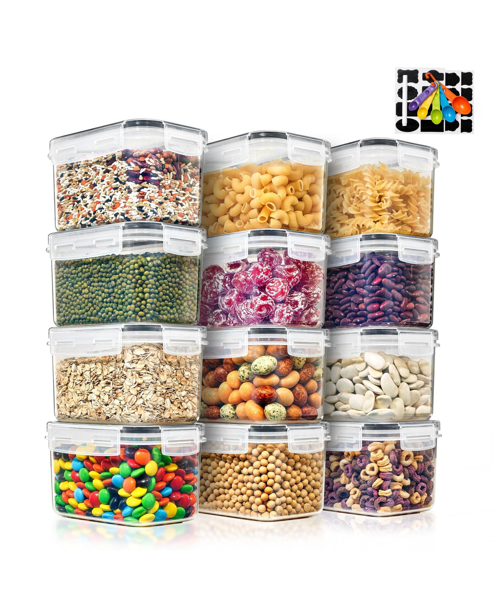 Sorbus 12 Pack (0.8L/27.05 Oz) Airtight Food Storage Containers with Locking Lids, Measuring Spoons & Labels