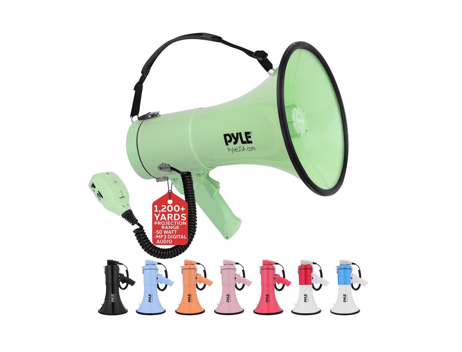 Мегафон Pyle 50-Watt Portable с сиреной, MP3 Input, Automatic Siren, Shoulder Strap