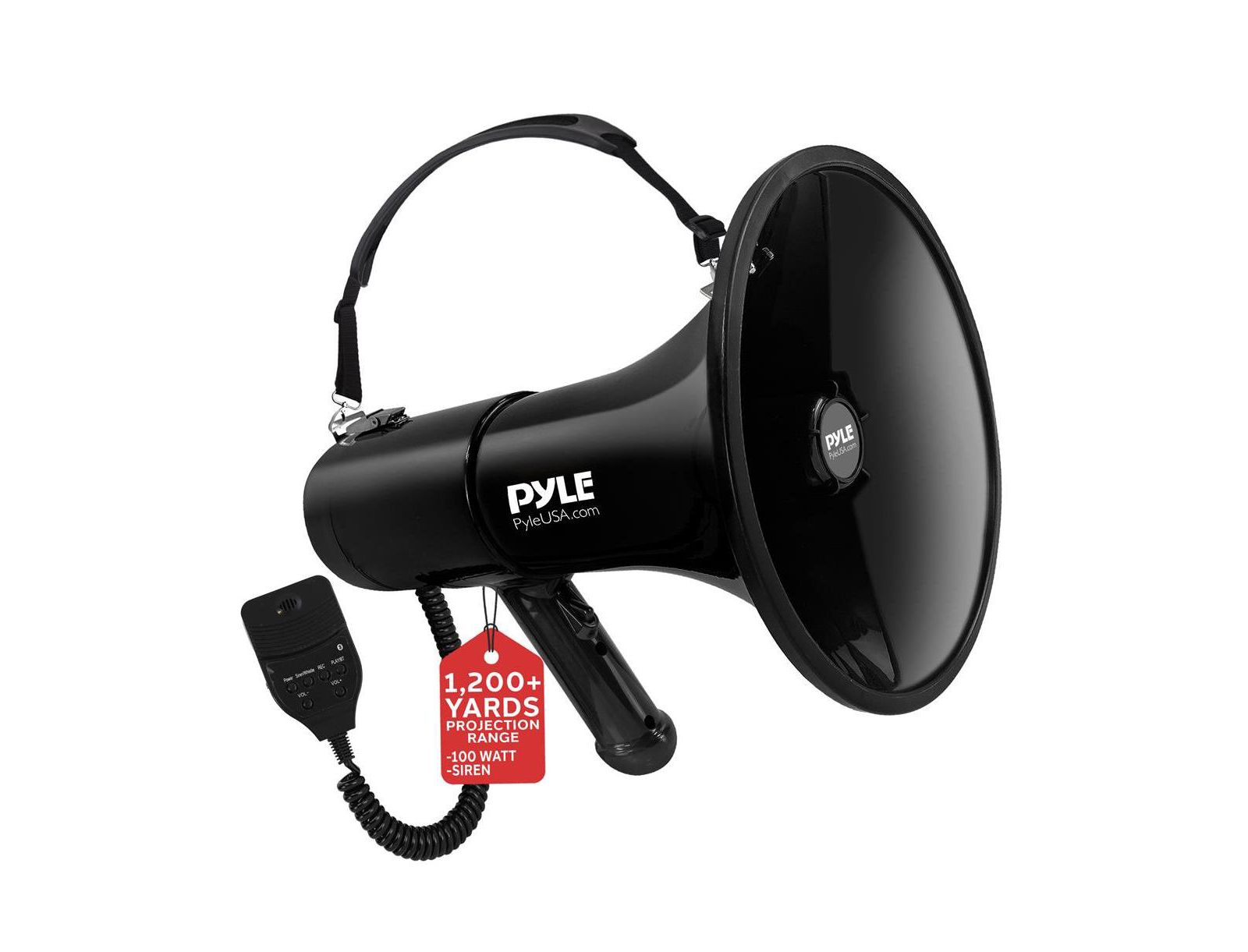 Pyle Мегафон с сиреной, MP3/Aux Input, Rechargeable Battery, Lightweight Black Bullhorn