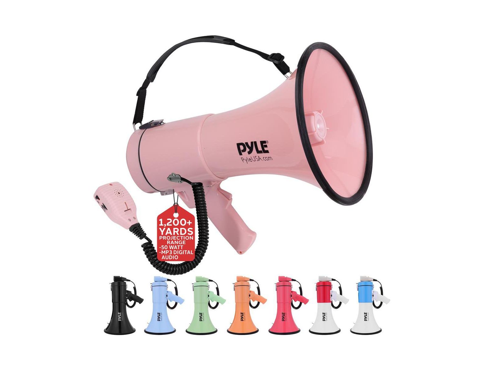 Портативный мегафон Pyle 50-Watt с сиреной, MP3, автоматической сиреной и наплечным ремнем