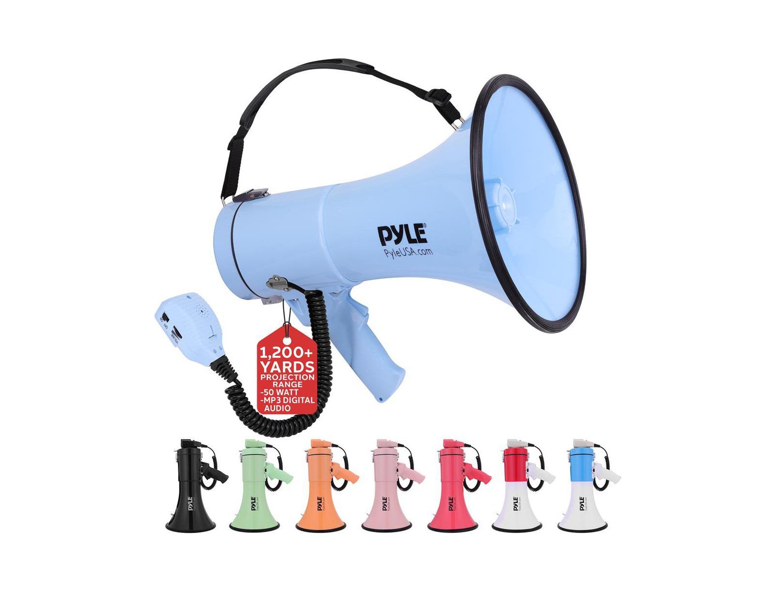 Pyle PMPRA514BL 50-ваттный портативный мегафон, совместим со смартфонами, планшетами и iPad
