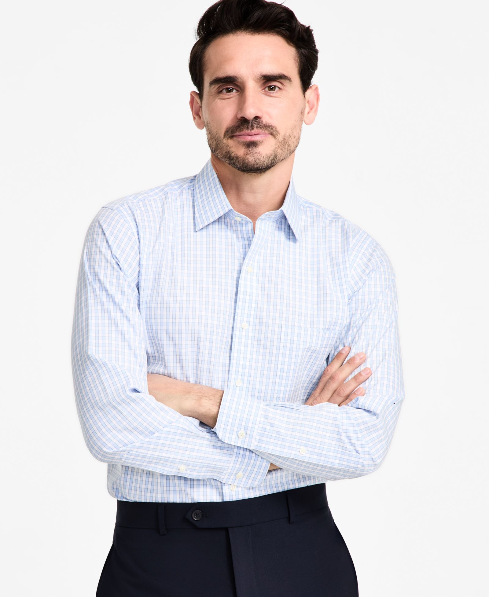 Men's Regular-Fit Non-Iron Spread Collar Gingham Pinpoint Dress Shirt