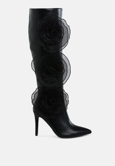 London Rag Womens Chinkara Sheer Big Rose Detail Long Boots