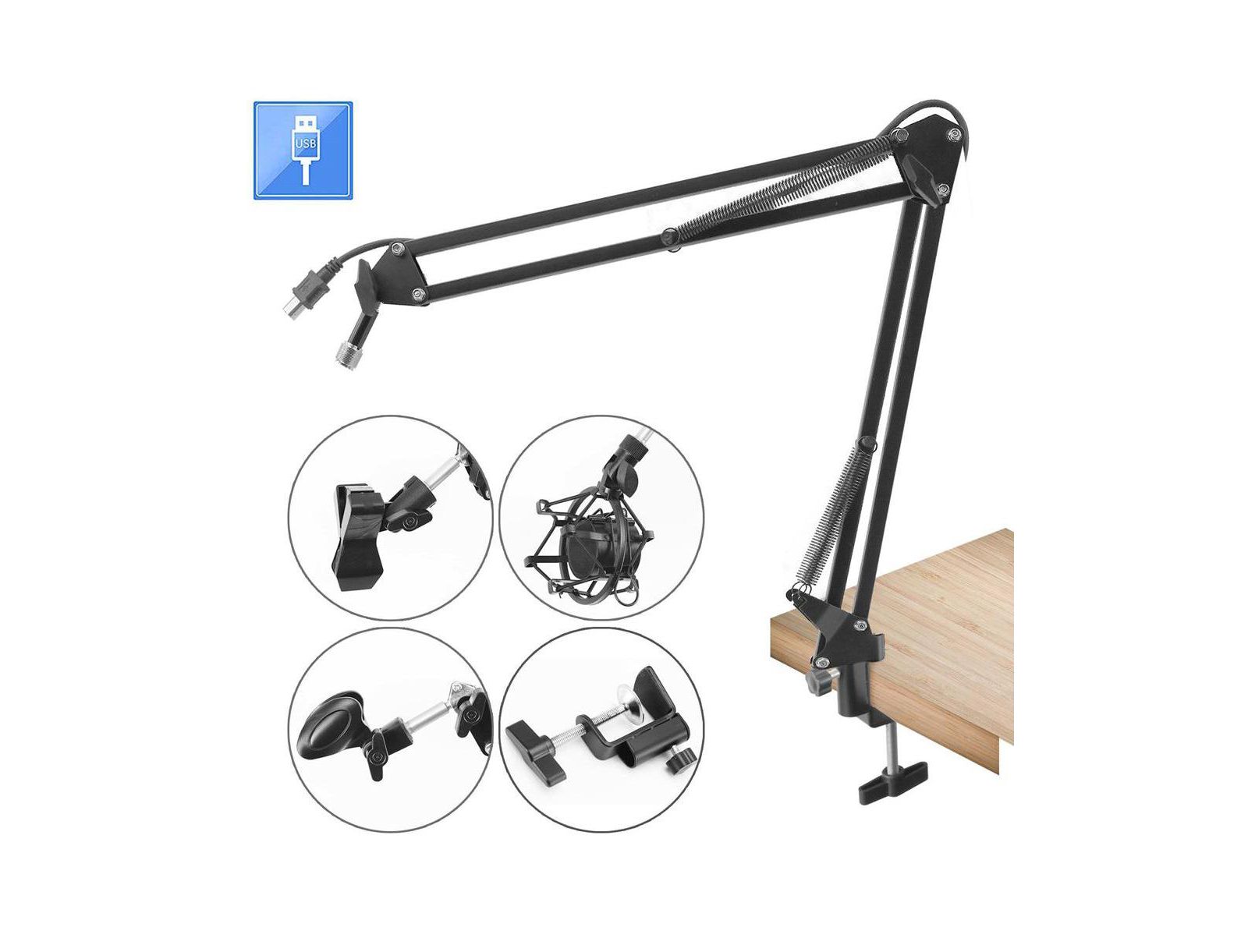Микрофонная стойка Pyle Adjustable Scissor Arm с USB кабелем, Shock Mount и Desk Clamp