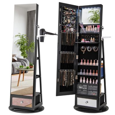 GOUUN Lockable 360° Swivel Jewelry Cabinet with Full-Length Mirror LED Lights