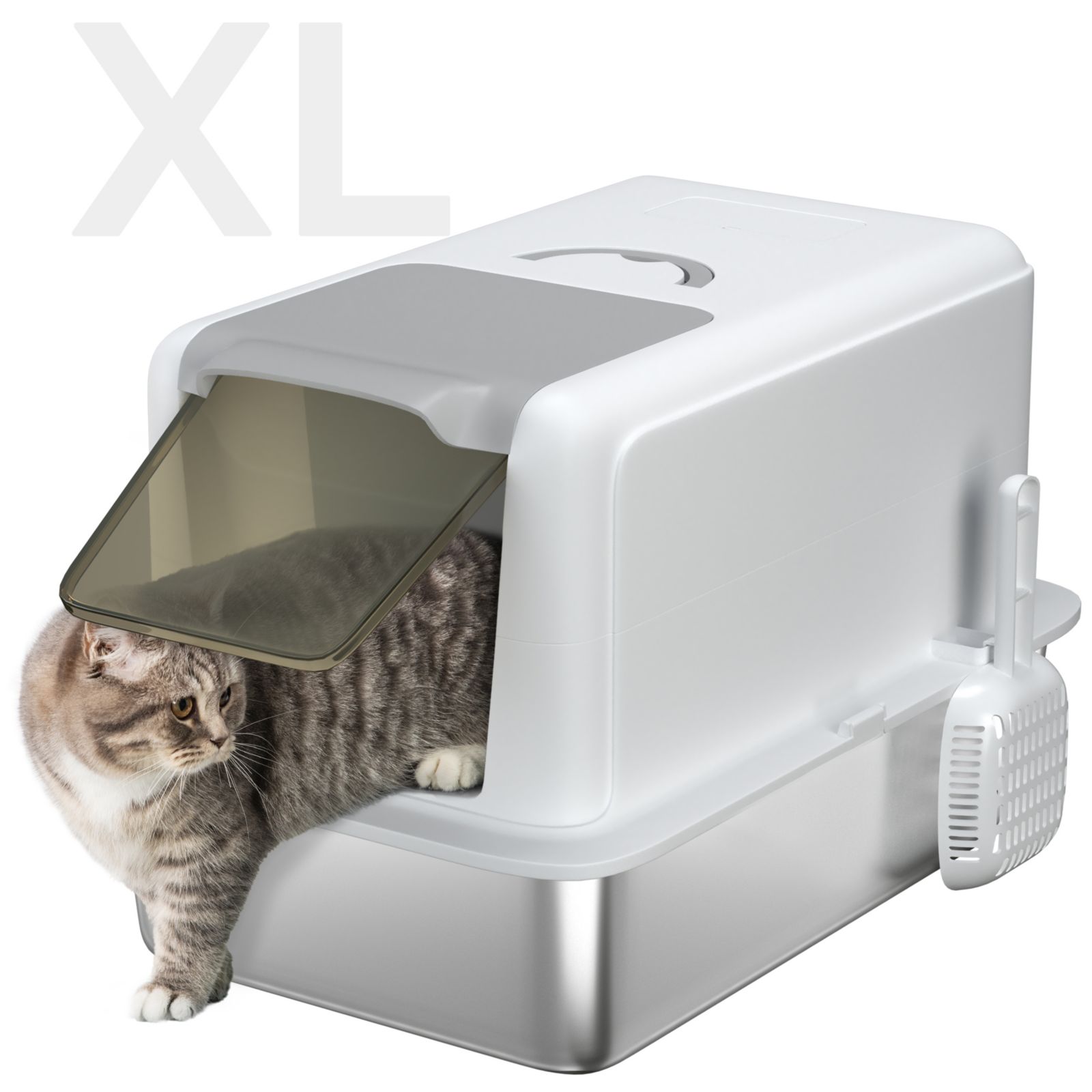PawHut 2 in 1 Stainless Steel Cat Litter Box with Removable Lid,