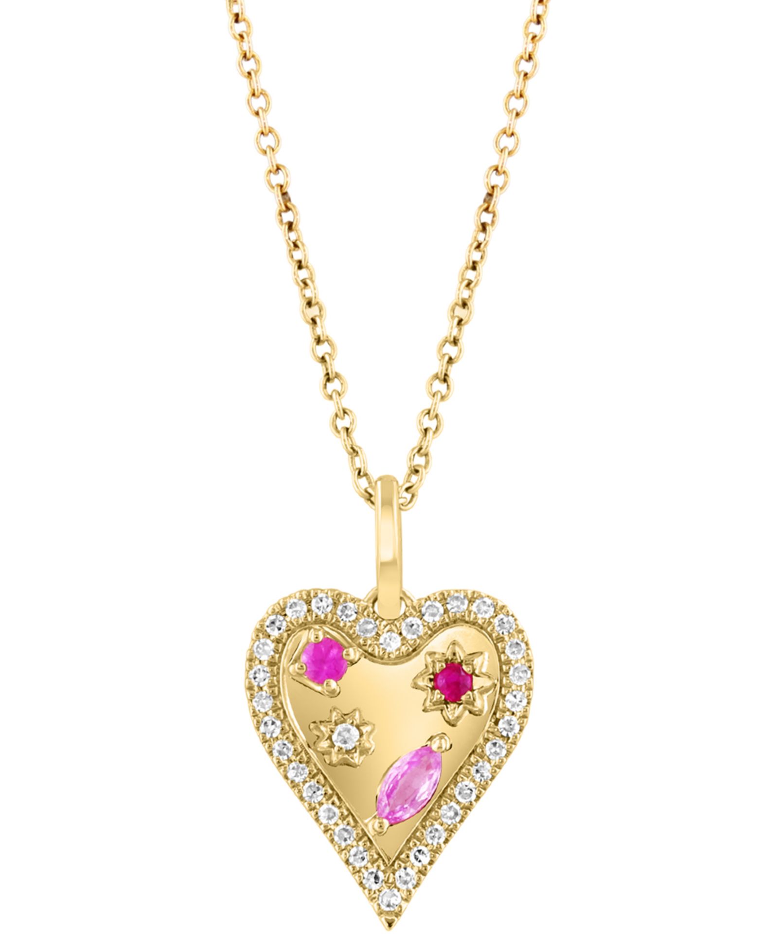 EFFY® Pink Sapphire (1/8 ct. t.w.), Ruby Accent, & Diamond (1/6 ct. t.w.) Heart Halo 18" Pendant Necklace in 14k Gold