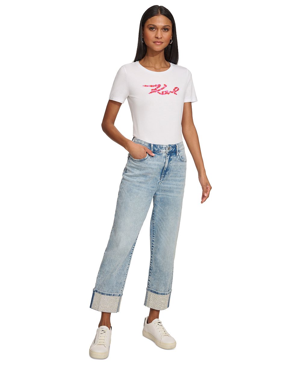 KARL LAGERFELD PARIS Women's High-Rise Crystal-Cuff Jeans