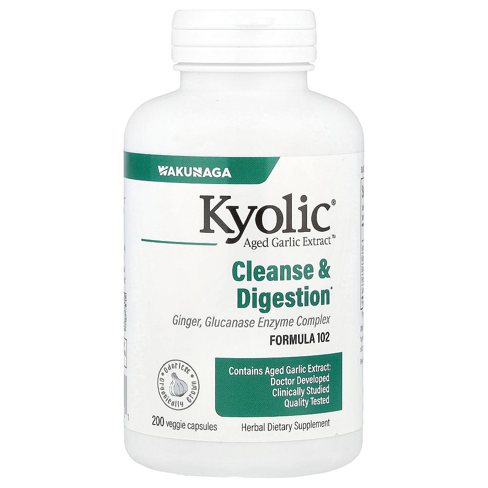 Kyolic Aged Garlic Extract Formula 102, Cleanse and Digestion, Ginger and Enzyme Complex, 200 Capsules